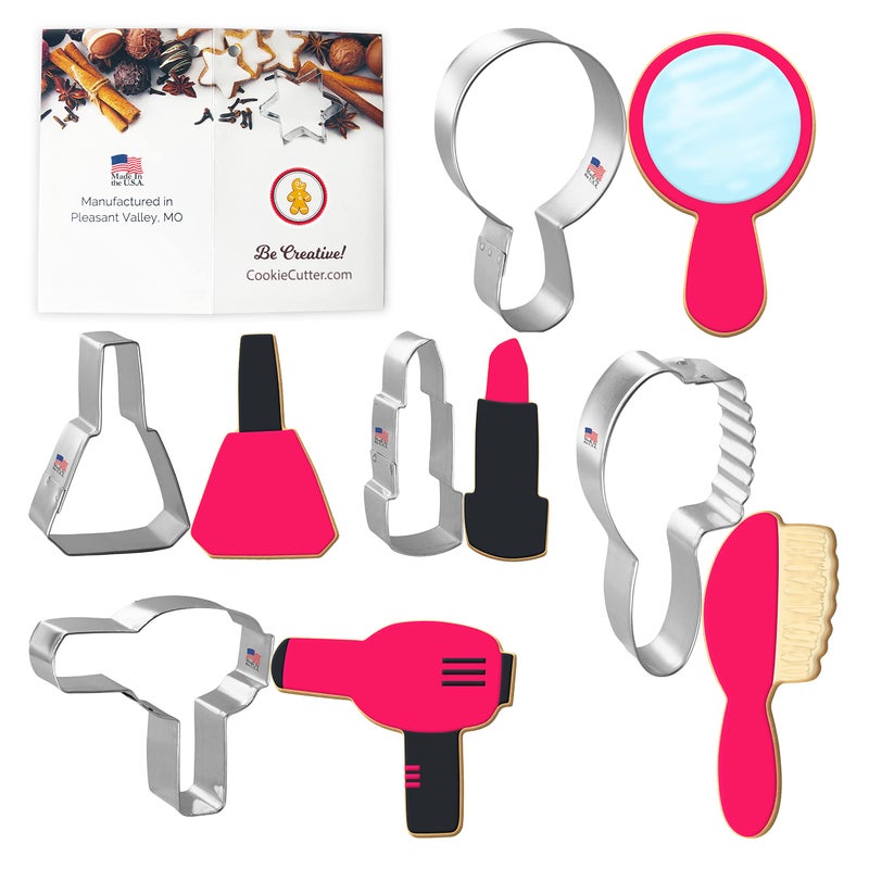 Foose Brand Diva Cookie Cutters 5 Piece Set - 2.75" Nail Polish, 3.75" Mirror, 2.75" Hair Dryer, 2.75" Lipstick, 4" Hair Brush, USA - Image 1